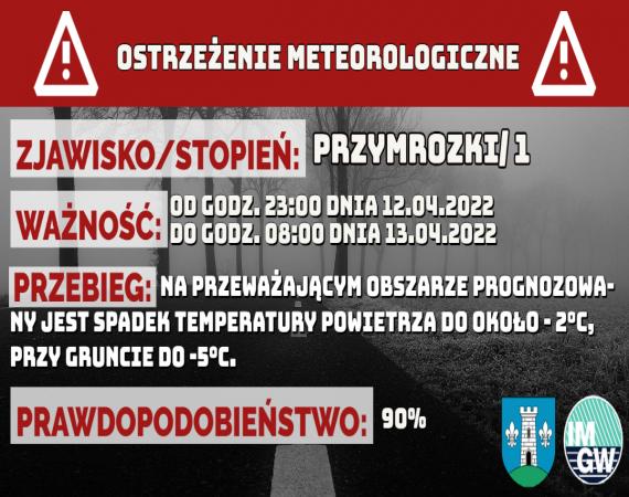 Ostrzeżenie meteorologiczne (12.04.2022) - Przymrozki